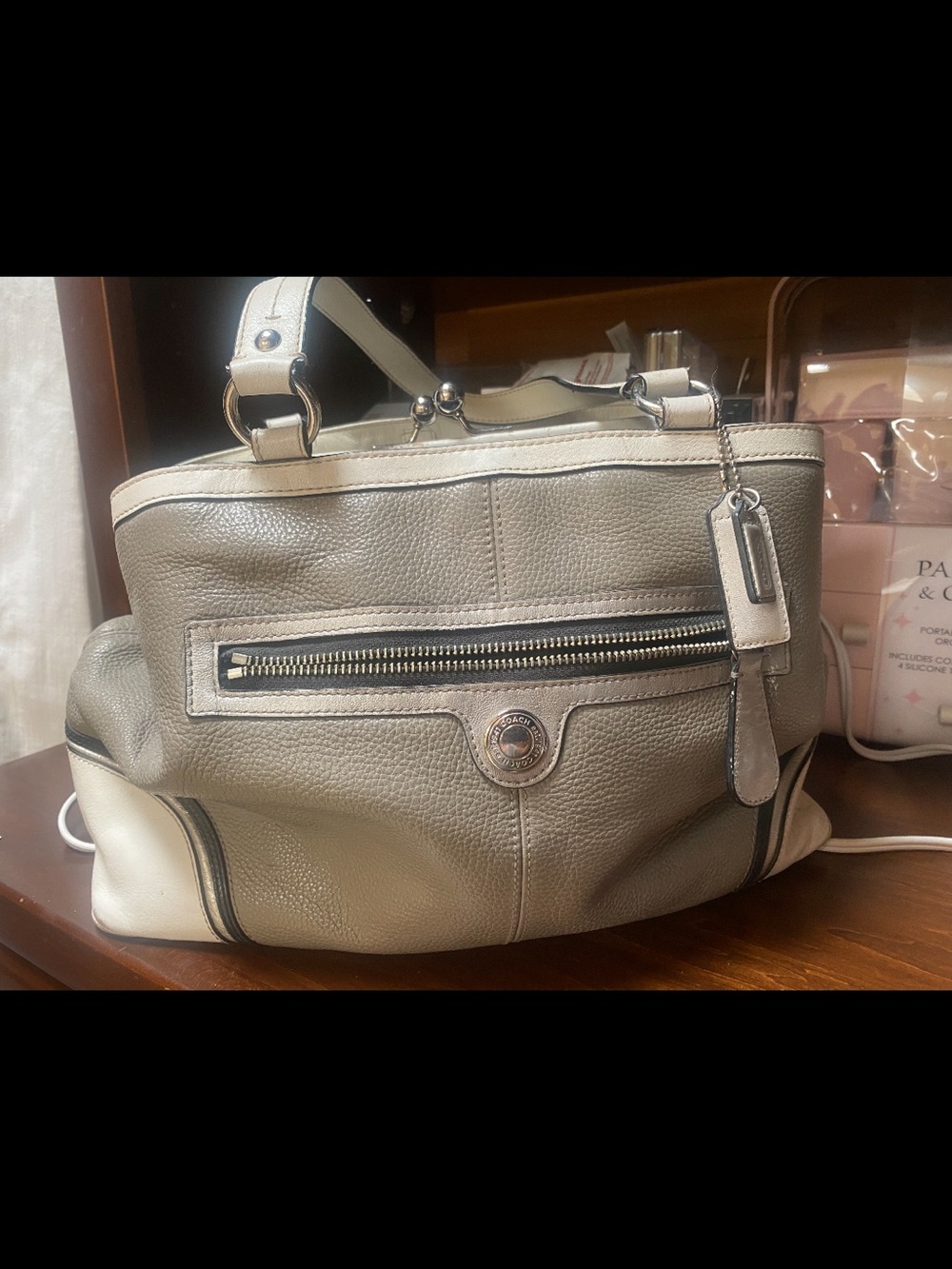 Coach Leather Tote Handbag in Taupe and Cream